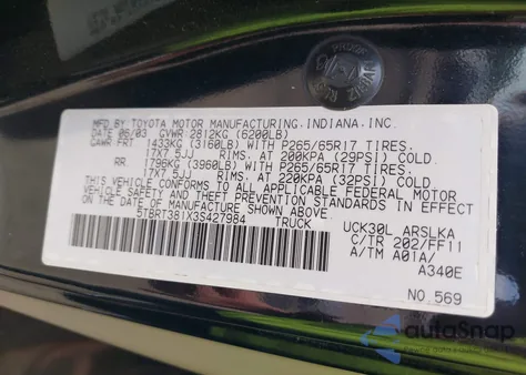 2003 Toyota Tundra Ltd V8 z USA, uszkodzony, nr VIN 5TBRT381X3S427984